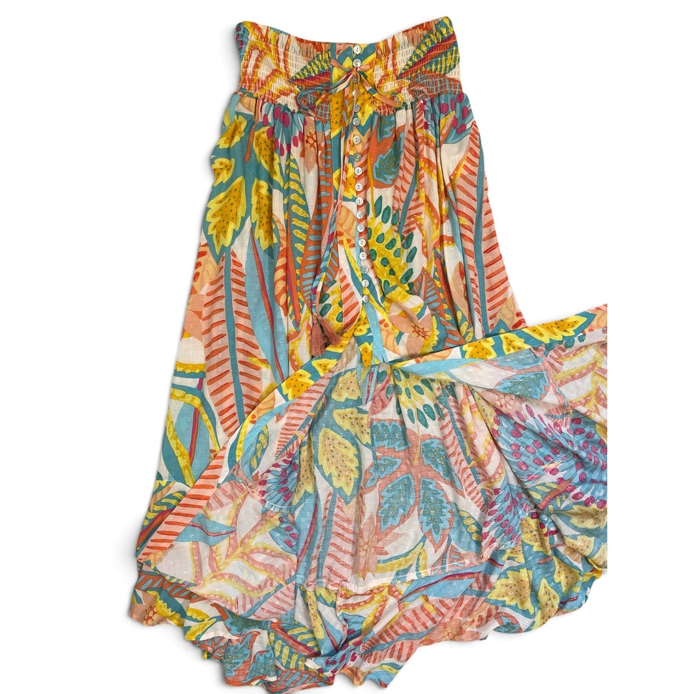 Christian Siriano Tropical Floral Smocked Button Front High Low Maxi Skirt M - Picture 15 of 16